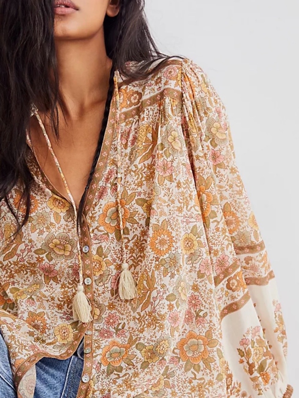 Elan Cream, Tan and Pink Floral Boho Tunic